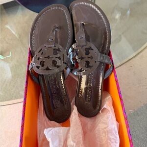 Tory Burch Brown Patent Leather Miller Thong Sandals
